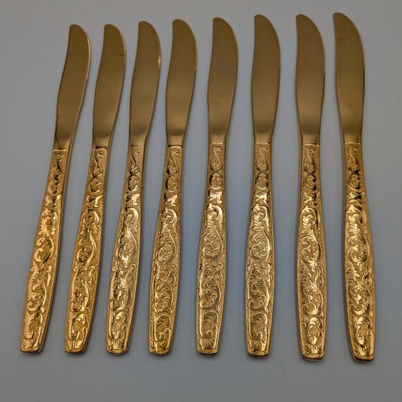 Americana Golden Heritage Flatware Golden Scroll 8 Dinner Knives 8" Vintage - Picture 2 of 9